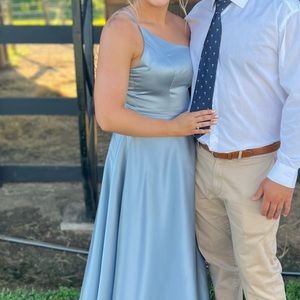 Dusty blue one shoulder satin a-line long bridesmaid dress